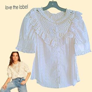 Love the Label NEW Romantic Peasant Eyelet Ruffles Puff Sleeve Boho Top L